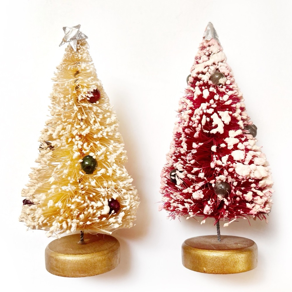 Vintage Flocked Bottle Brush Trees Mercury Glass Beads